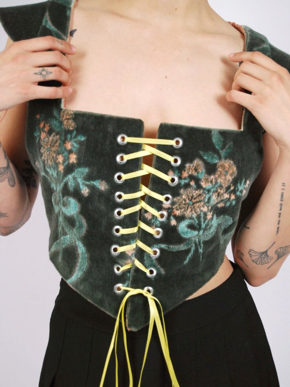60s Queen Anne Velvet Corset (M) medium green vintage top regency renaissance - Picture 7 of 7